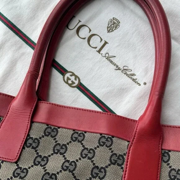 GUCCI Tote Bag GG Pattern Canvas Leather Beige Red Authentic